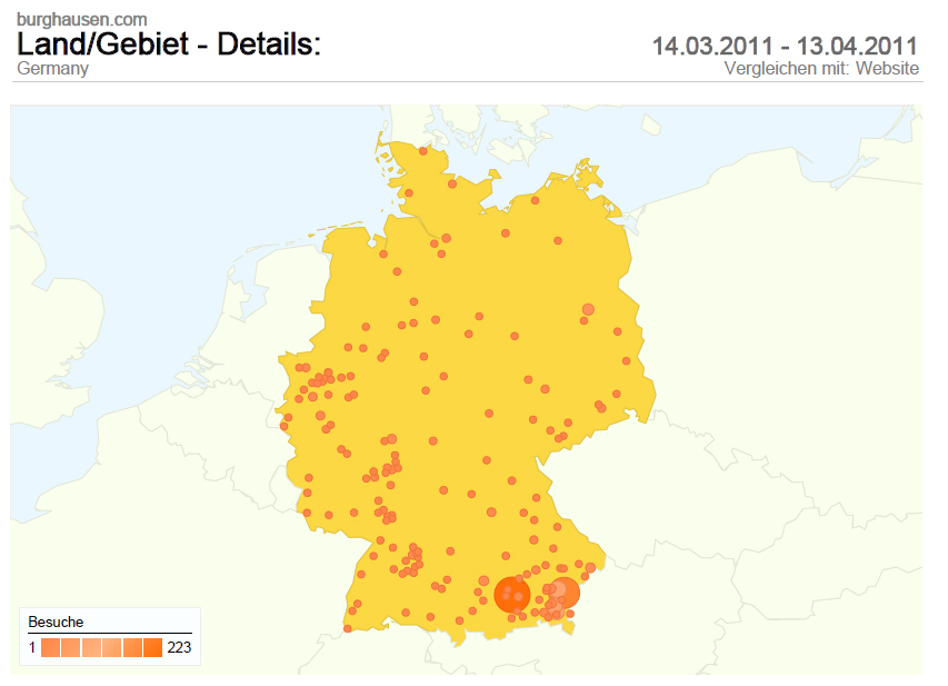 Die neu implementierte Web-Statistik zeigte bereits nach wenigen Tagen eine enorme Besuchsfrequenz und &uuml;berdurchschnittlich lange Verweilzeiten auf www.burghausen.com, mit Schwerpunkt auf Besuche von Deutschland (im Bild) und den deutschsprachigen L&auml;ndern, dicht gefolgt von europ&auml;ischen L&auml;ndern sowie USA und Asien.