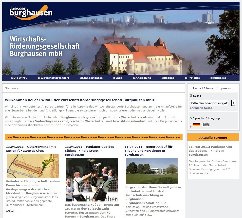 www.burghausen.com: Im Rahmen eines Auftrags-Projekts der Wif&ouml;G Burghausen setzte KommExpert nun einen inhaltlichen Relaunch sowie eine Aktualisierung des Designs um.